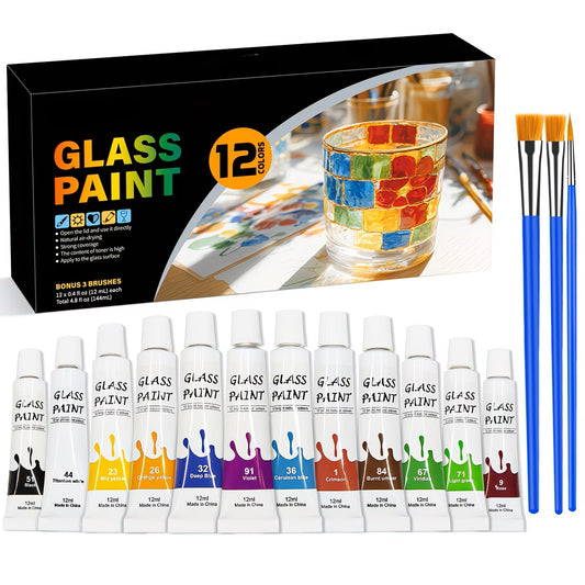 Stained Glass Painting Kit, Paint Acrylic Set Window Paint Set, Non Toxic, 12 Colors Paint On Transparent Glass Painting, Wine Glasses, for Artist Adults with 3 Brushes.