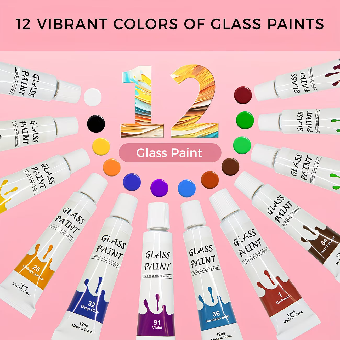Stained Glass Painting Kit, Paint Acrylic Set Window Paint Set, Non Toxic, 12 Colors Paint On Transparent Glass Painting, Wine Glasses, for Artist Adults with 3 Brushes.