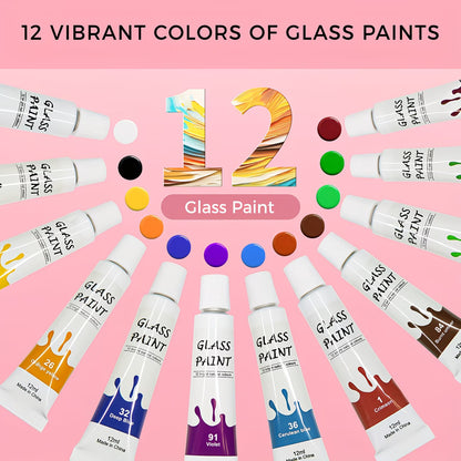 Stained Glass Painting Kit, Paint Acrylic Set Window Paint Set, Non Toxic, 12 Colors Paint On Transparent Glass Painting, Wine Glasses, for Artist Adults with 3 Brushes.