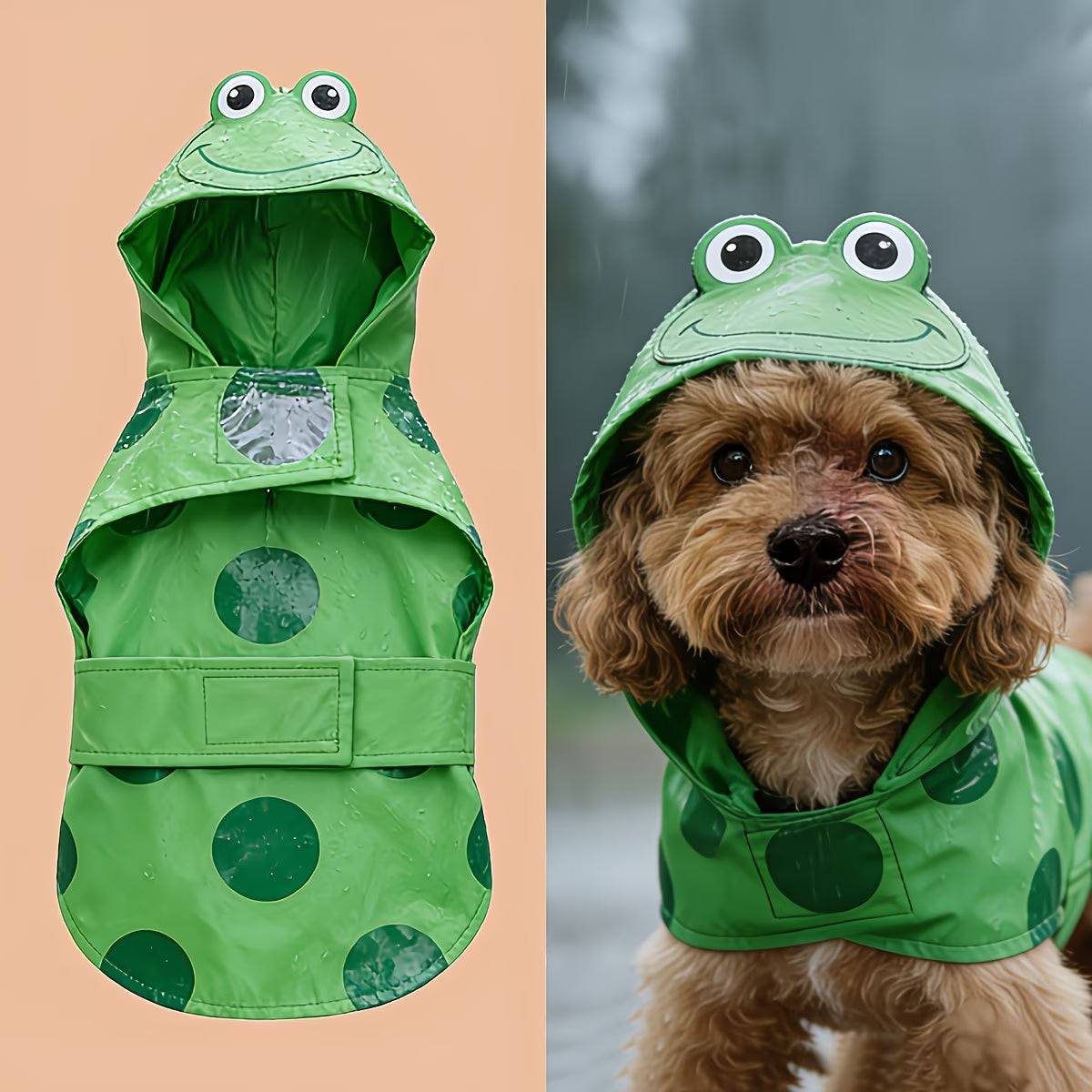 Dog Outdoor Frog Raincoat Poncho for Small Medium Dogs, Heavy Raincoat with Hidden Leash Hole And Adjustable Snaps, Pet Hooded Cape for Bichon Poodle